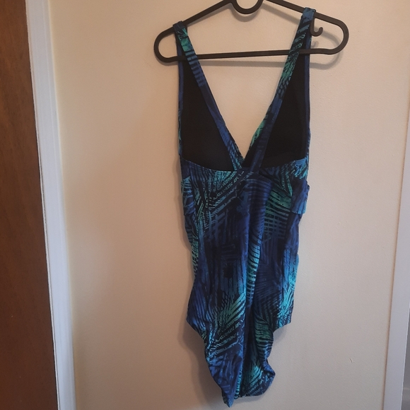 Speedo Blue Green Palm Leaf Print Swimsuit One Piece - Picture 8 of 14